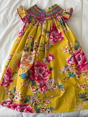 Girls' Yellow Floral Smocked Casual Dress